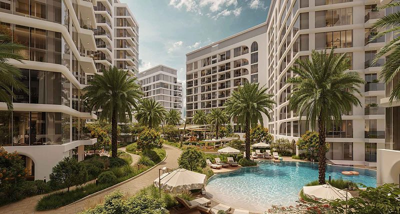 Seef Residences by Alef Group on the Al Khan waterfront in Sharjah: pool garden between the residential towers